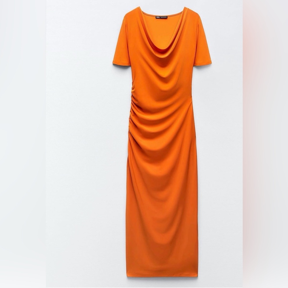 Zara NWT Orange Draped Short-Sleeve Maxi Dress